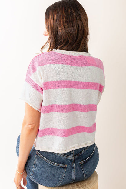 Khaki Stripe Dropped Short Sleeve Lightweight Knitted Top