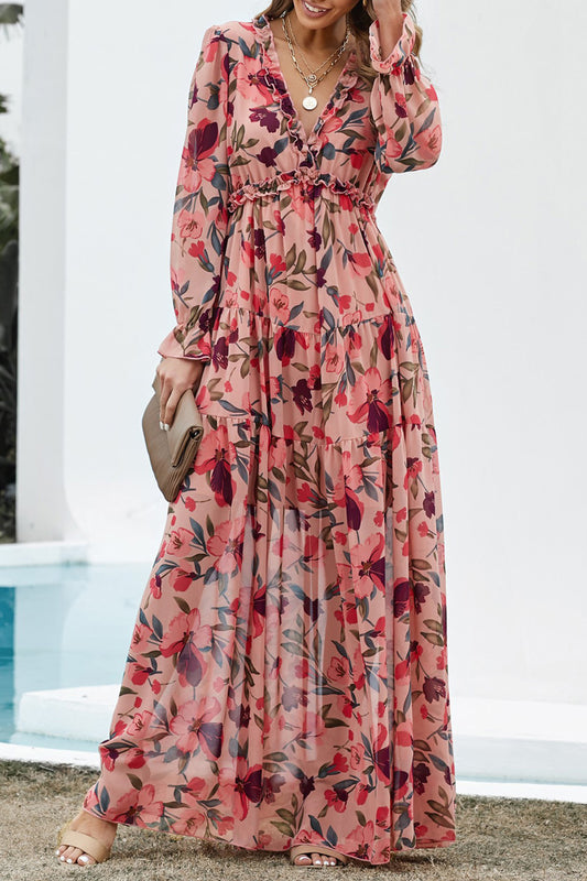 Wild Lotus Ruffle gelaagde maxi-jurk