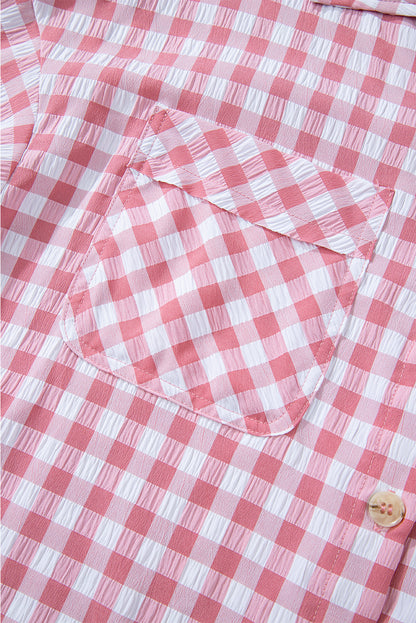 Pink Gingham Print Chest Pockets Buttoned Collared Shirt