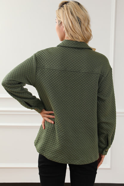 Groene Retro Quilted Flap Pocket Knoop Shacket