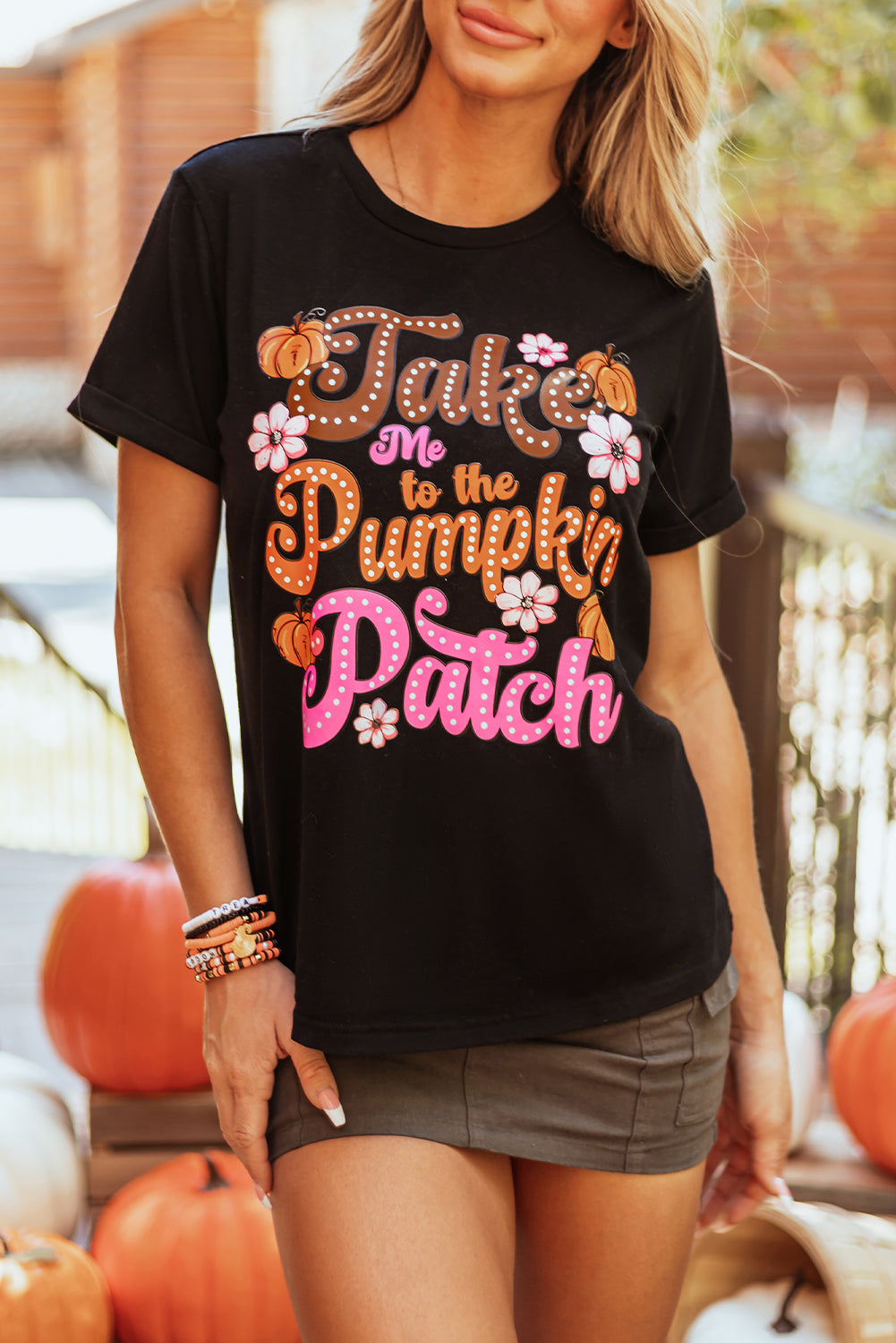 Zwart Take Me To The Pumpkin Patch T-shirt met bloemenprint