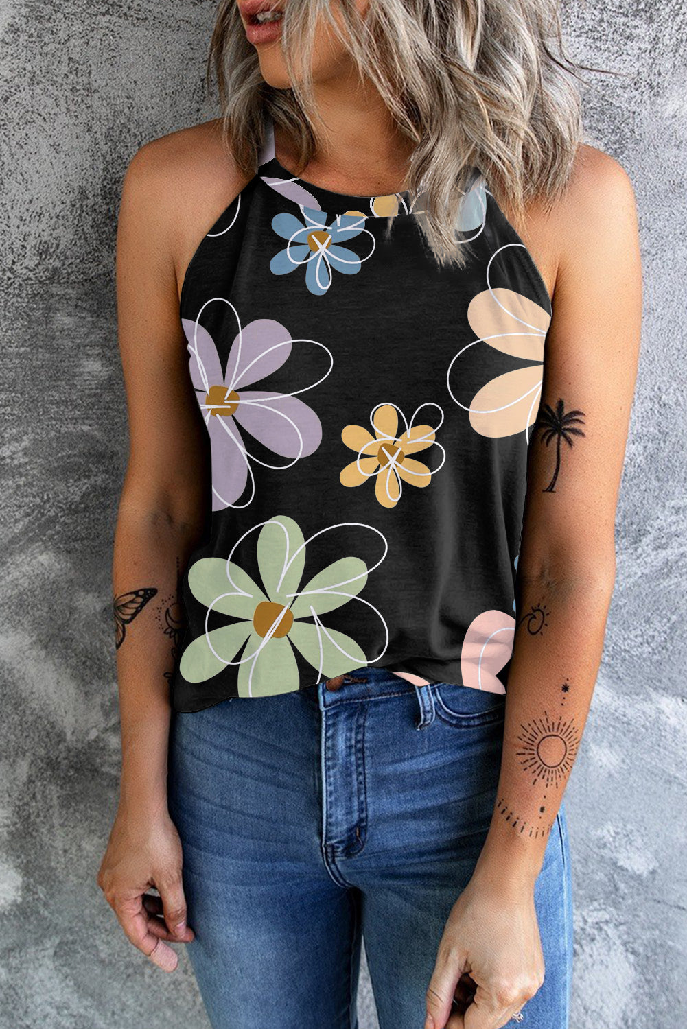 Beige Sweet Floral Tank Top