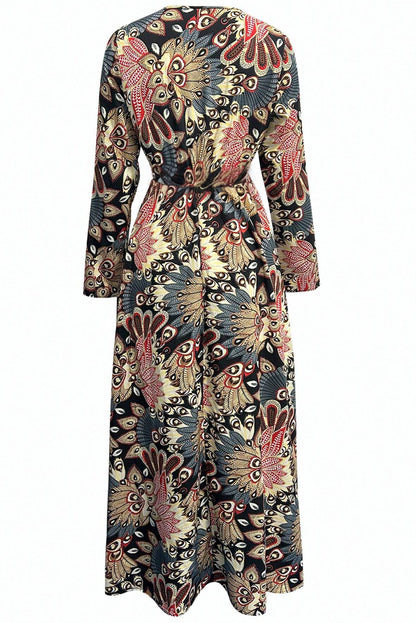 Black Floral Print V Neck Wrap High Waist Maxi Dress