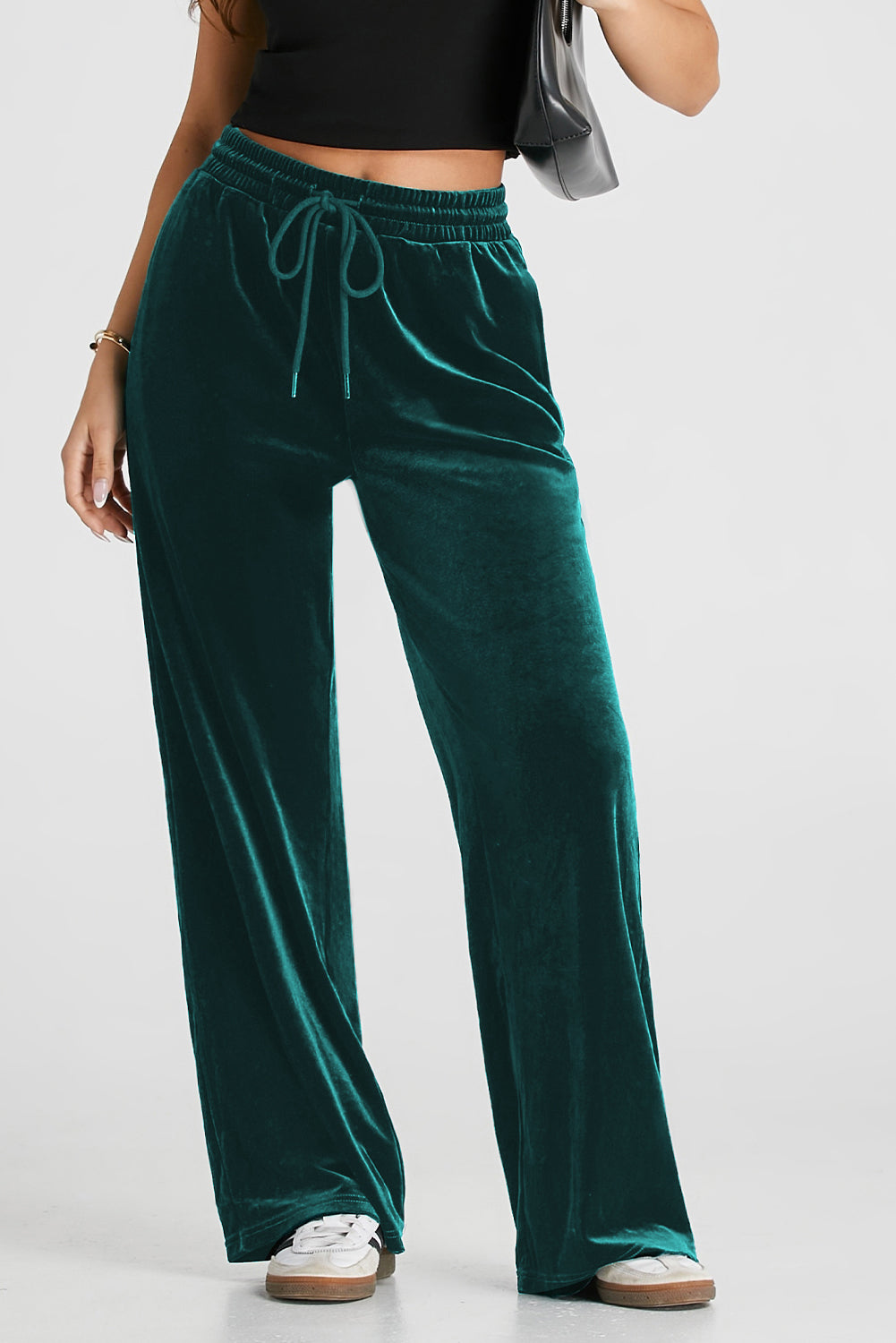 Burgundy Solid Drawstring Waist Wide Leg Pants