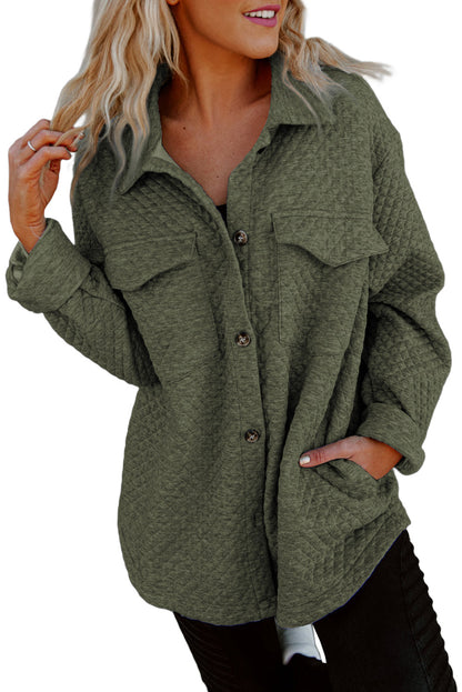 Groene Retro Quilted Flap Pocket Knoop Shacket