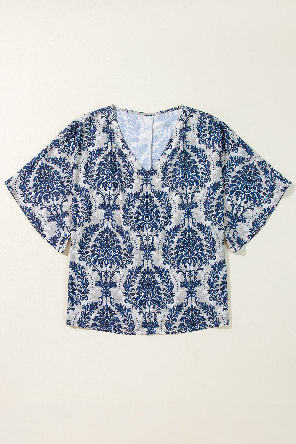 Blauwe Vintage Flower Tree Kwart Mouw V Hals Blouse