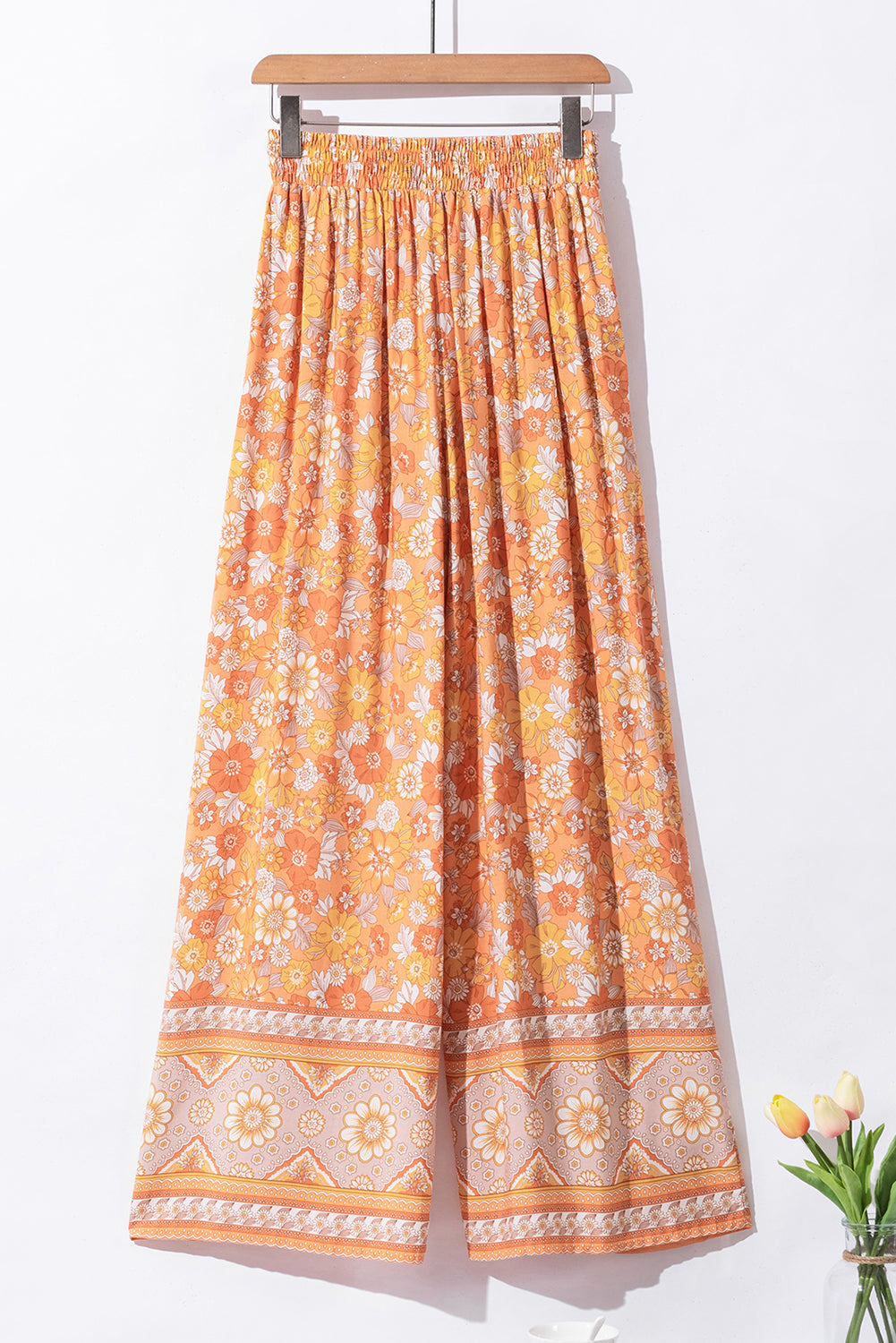 Grapefruit Oranje Strik Taille Boho Bloemen Wijde Pijp Broek