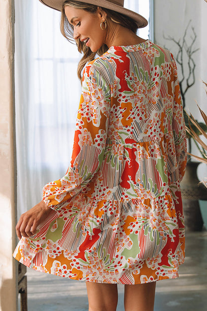 Multicolour Split Neck Puff Sleeve Flowy Print Jurk