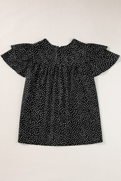 Laurel Green Dotted Ruffle Sleeve Crew Neck Ruched Blouse