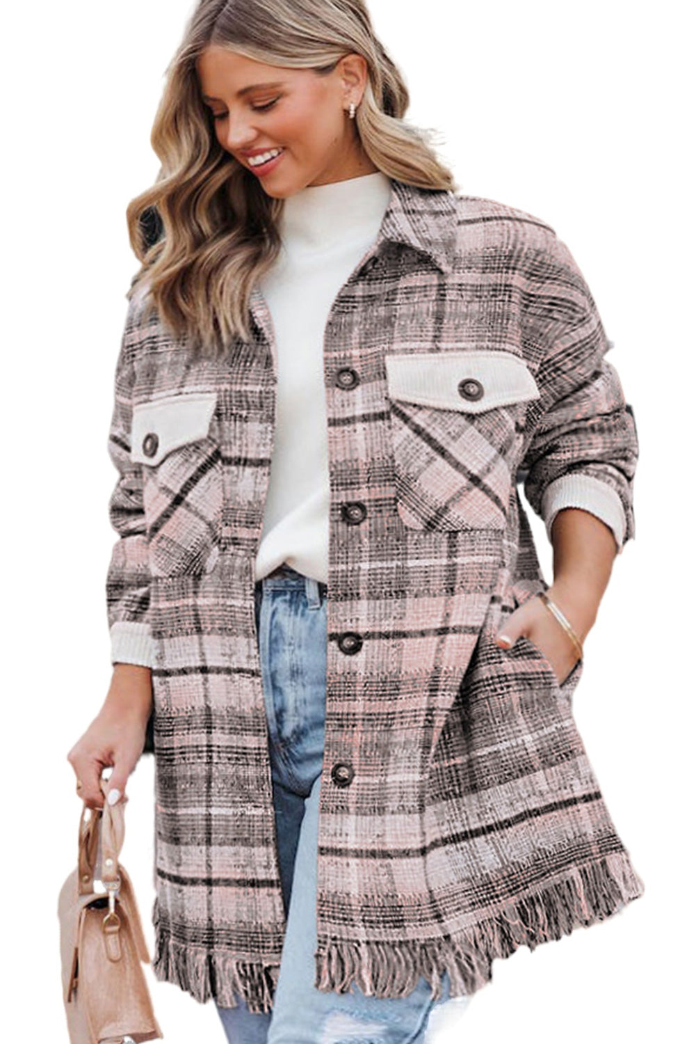 Roze Plus Size Macrame Plaid Jas