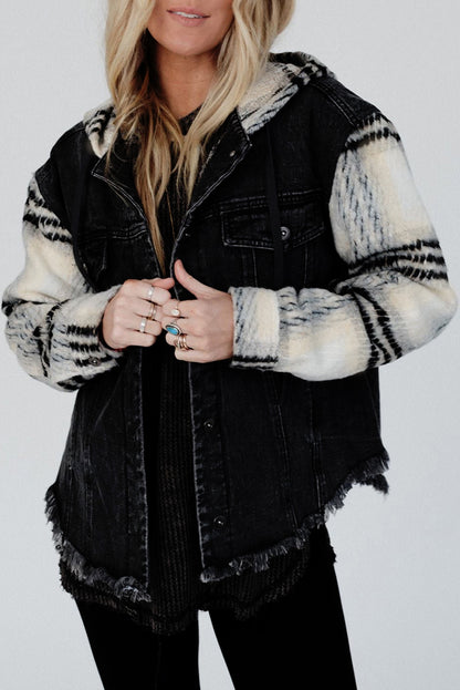 Black Plaid Sleeve Frayed Hem Hooded Denim Jacket