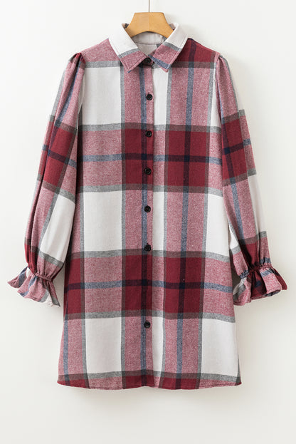 Khaki Plaid-patroon Kraag Hals Ruffle Mouw Shirt Jurk