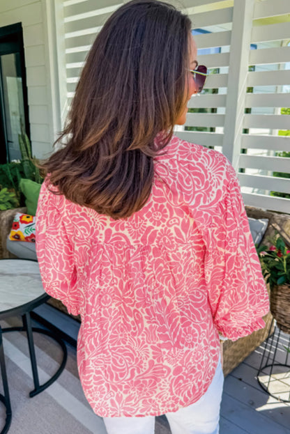 Roze plus-size bloemenprint top met geplooide hals en pofmouwen