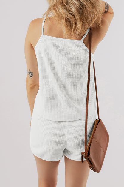 White Waffle Knit Textured Spaghetti Straps Cami and Shorts Set