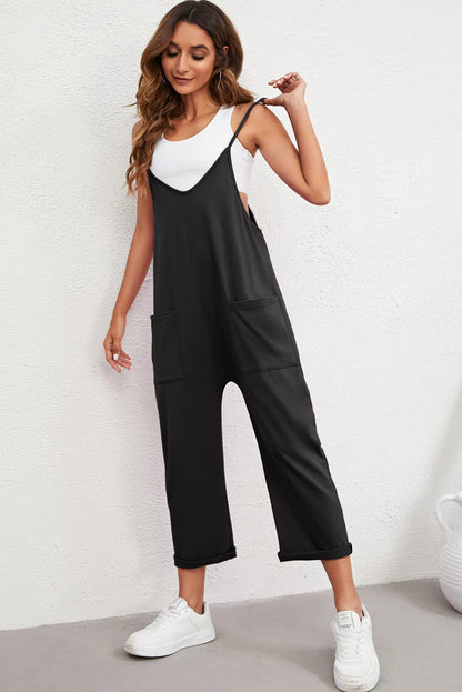 Green Pocketed Adjustable Spaghetti Strap Straight Leg Jumpsuit