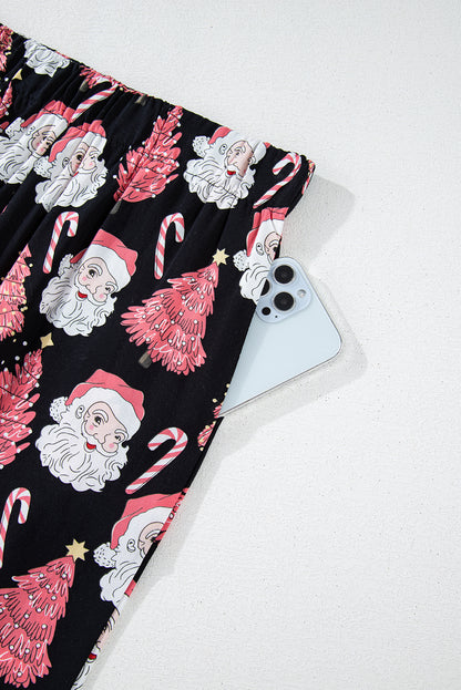 Black Christmas Santa Printed Two Piece Pajamas Set