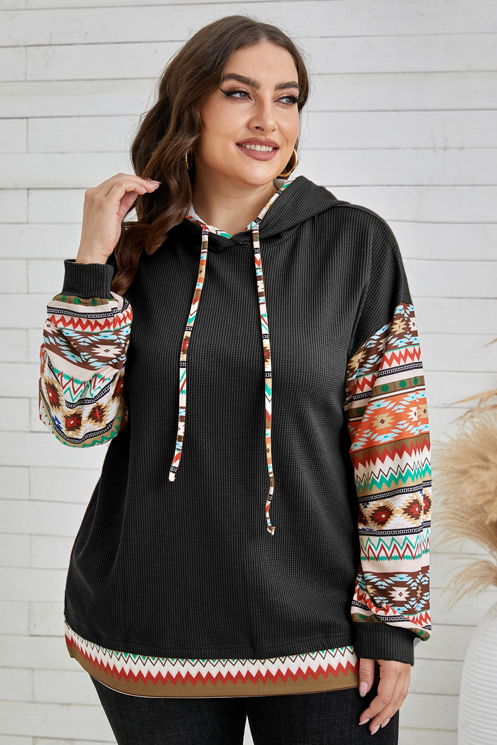 Rookgrijze Aztec Patchwork Mouw Wafel Trekkoord Plus Hoodie