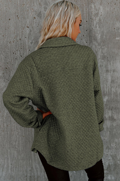 Groene Retro Quilted Flap Pocket Knoop Shacket