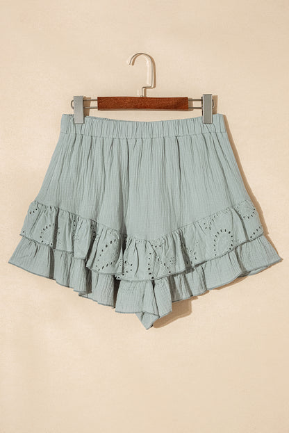 Mist Green Crinkled Eyelet Raglan Sleeve Top Ruffled Shorts Set