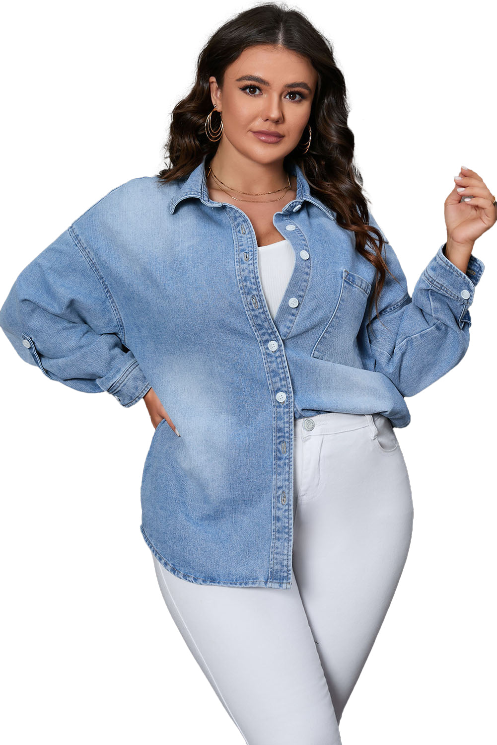 Hemelsblauwe plus-size borstzak denim shacket met knoopsluiting