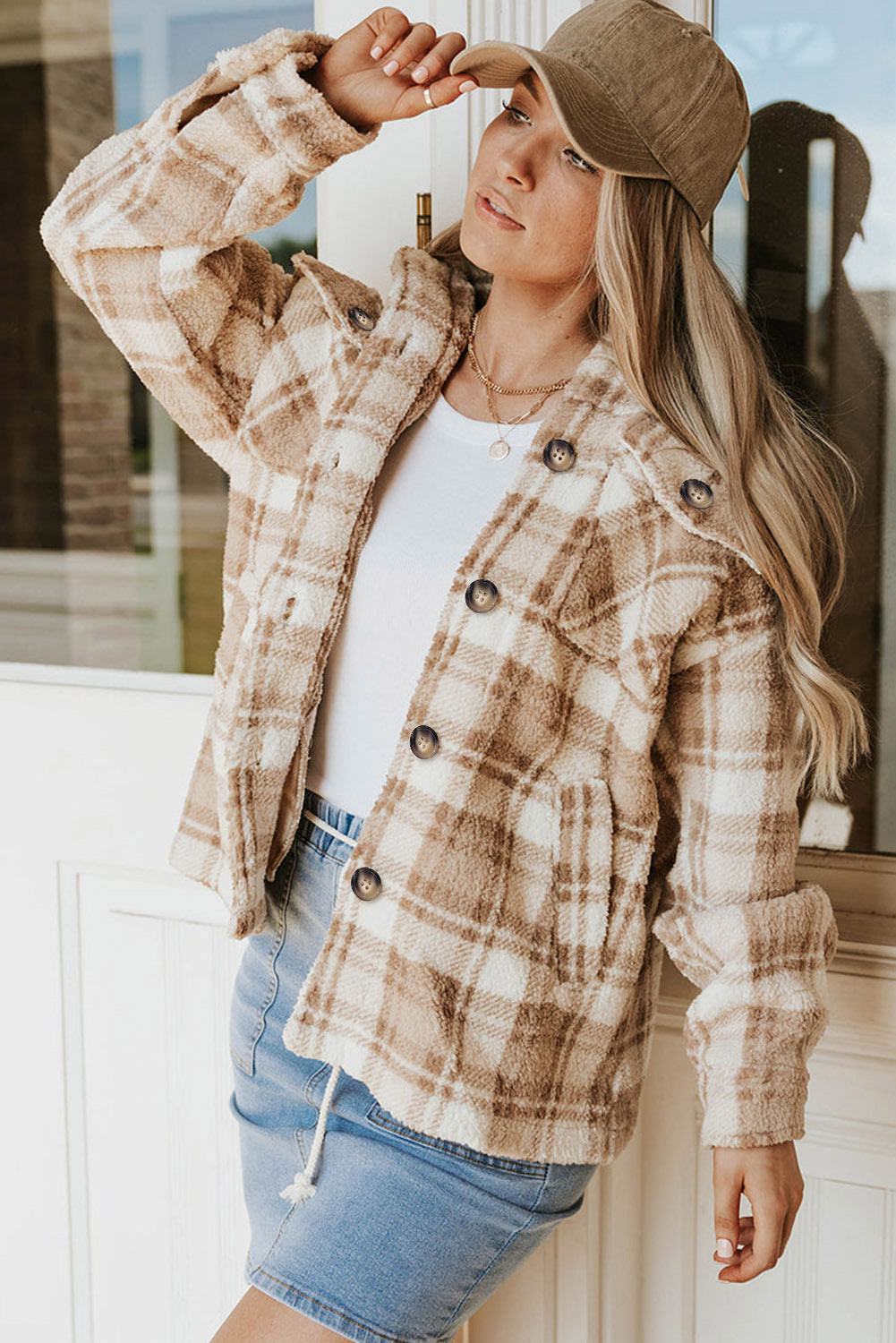 Khaki Sherpa Plaid-jas met knoopsluiting en zakken