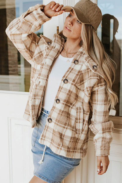 Khaki Sherpa Plaid-jas met knoopsluiting en zakken