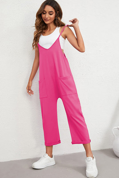 Green Pocketed Adjustable Spaghetti Strap Straight Leg Jumpsuit