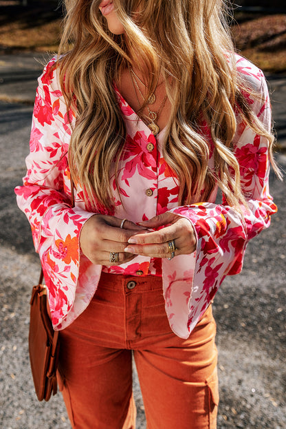 Roze bloemenprint gelaagde bel lange mouwen geknoopt bodysuit