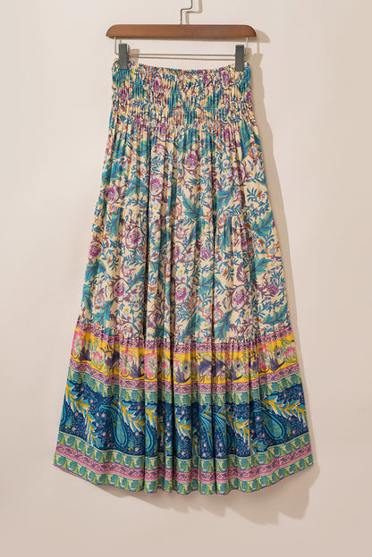 Hemelsblauwe Boho Bloemen &amp; Paisley Print Geplooide Taille Lange Rok