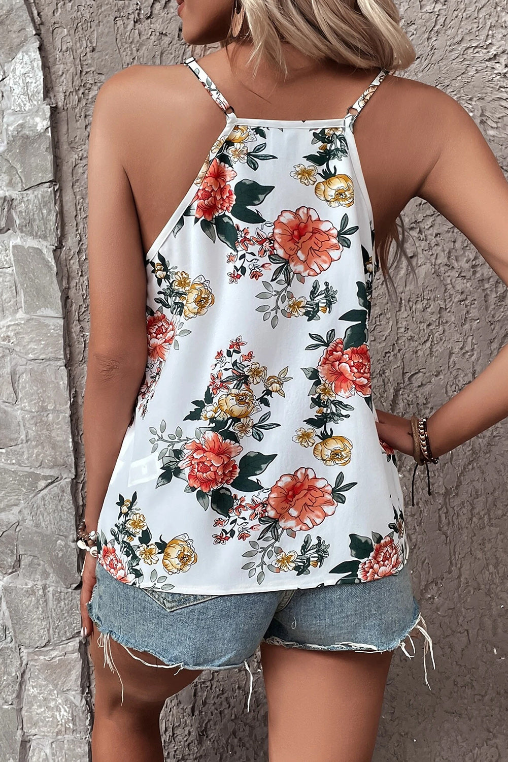 Witte tanktop met kanten V-hals en bloemenprint