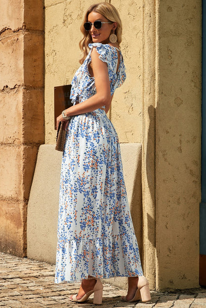 Black Multicolor Floral Ruffled Crop Top and Maxi Skirt Set