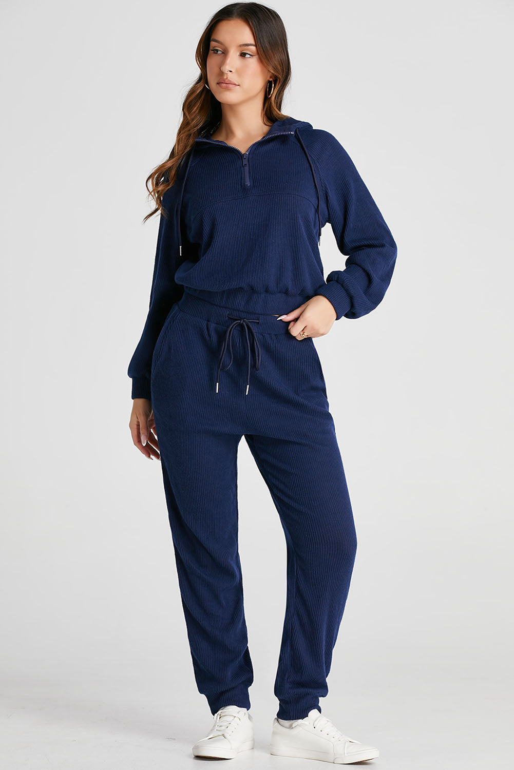 Marineblauwe geribbelde gebreide cropped hoodie en trekkoordjoggingbroekset