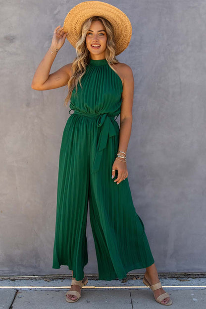 Groene halternek geplooide wijde jumpsuit met riem