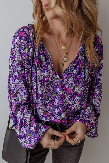 Paarse Boho Bloemen Split V Hals Bubbel Mouw Blouse