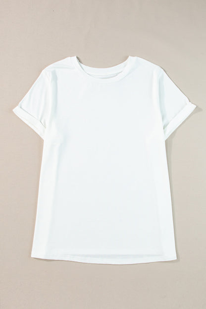 White Round Neck Rolled Sleeve Plus Size T-shirt