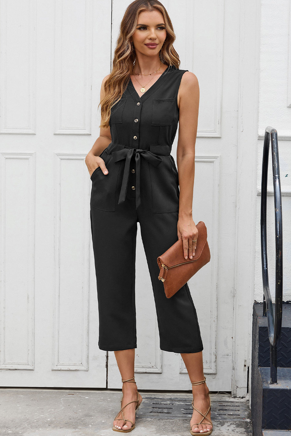 Zwarte geknoopte mouwloze cropped jumpsuit met sjerp