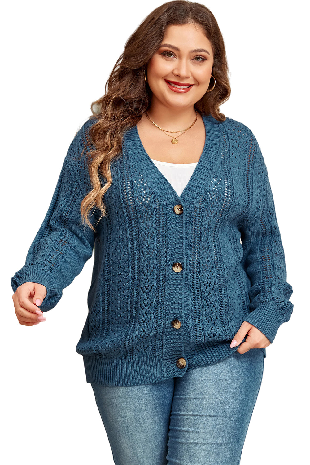 Echte Teal Open Knit V-hals Knoopsluiting Voorkant Drop Schouder Plus Size Cardigan