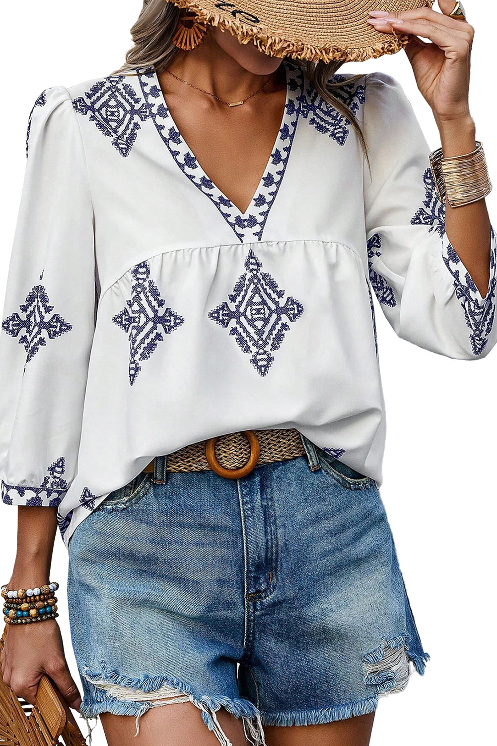 Witte Boho Geometrische Print Armband Mouw V Hals Blouse