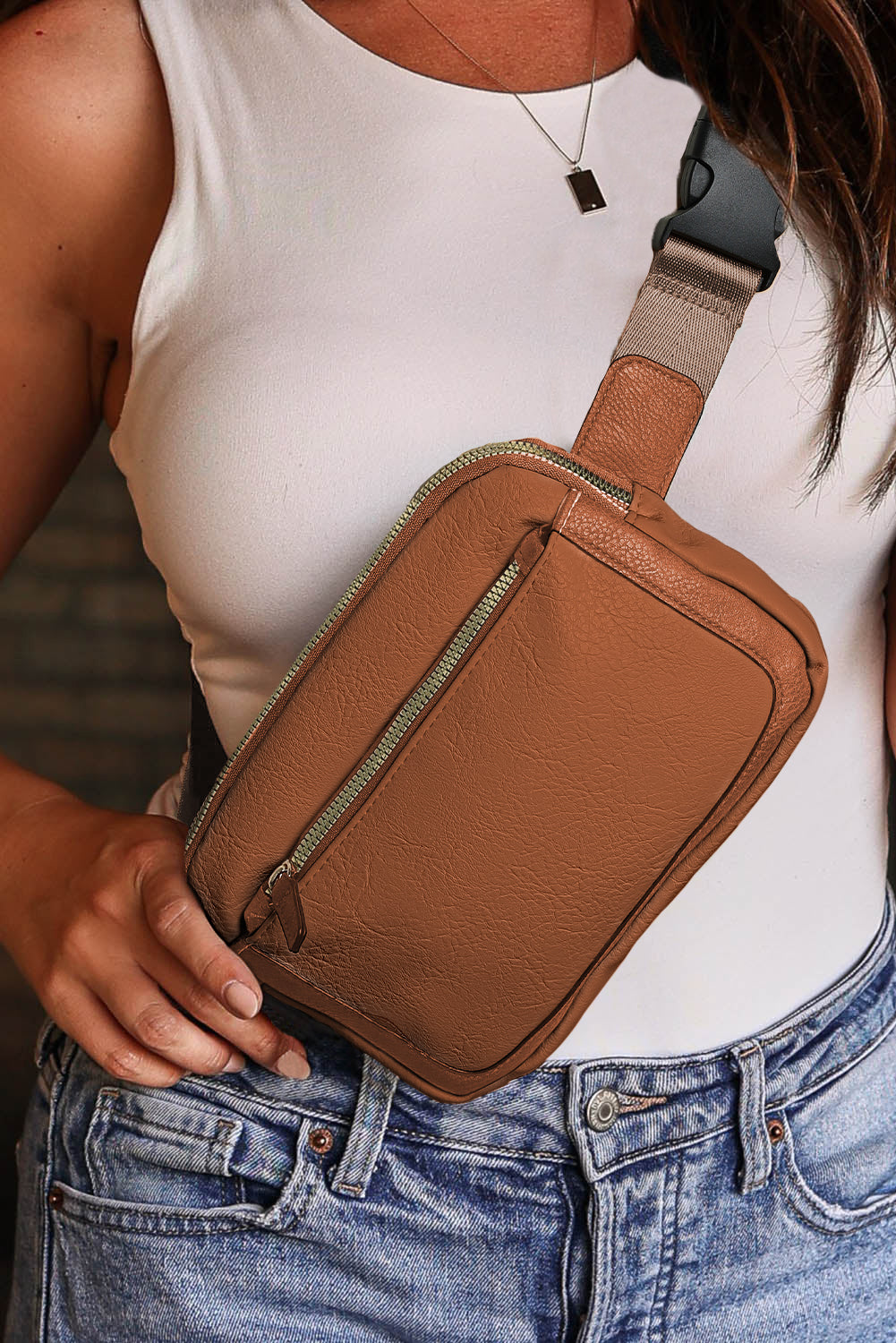 Camel Minimalist Multi-zipped Crossbody Bag