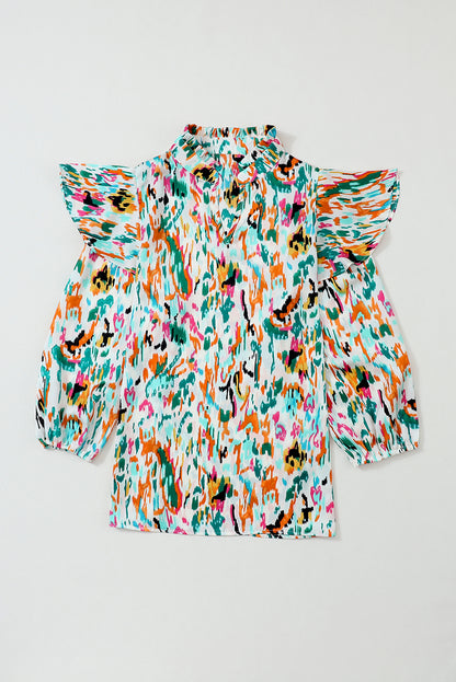 Blouse met veelkleurige abstracte print, 3/4 pofmouwen en ruches