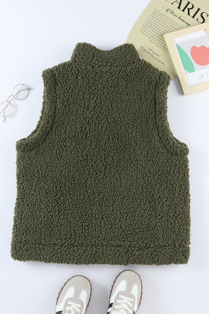 Khaki Sherpa vest met drukknoopsluiting en zakken