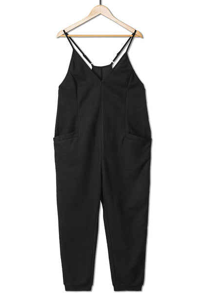 Grijze, getextureerde, mouwloze, V-hals, casual jumpsuit met zakken