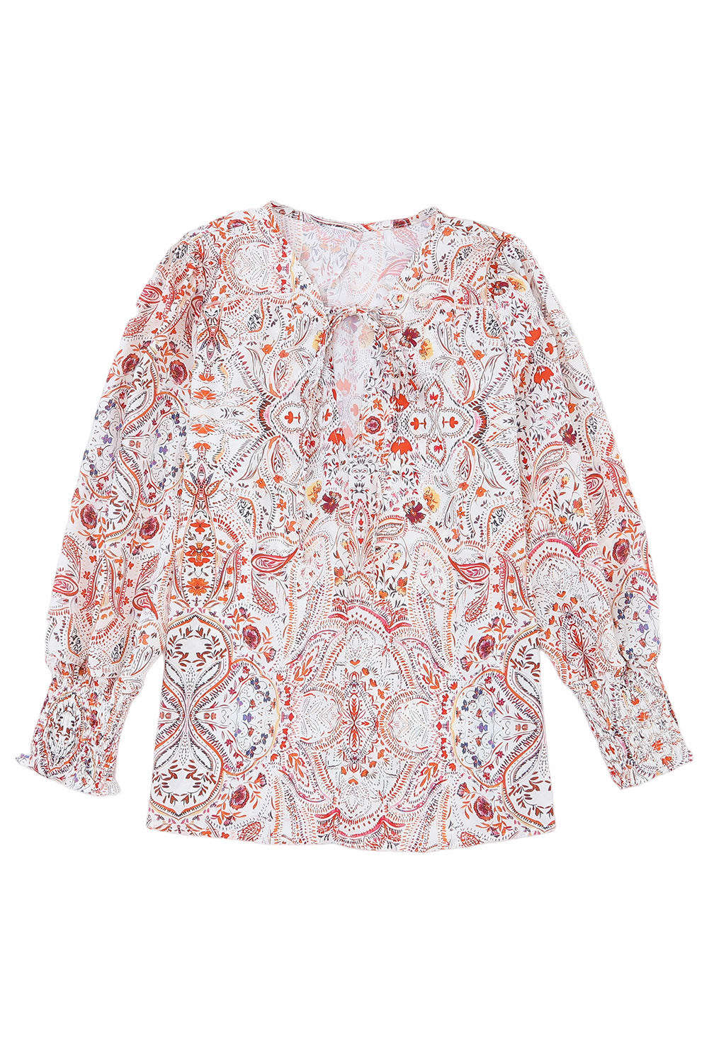 Vurig rode vintage boho print blouse met geplooide manchetten