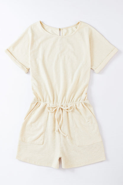 Beige geribbelde elastische taille romper