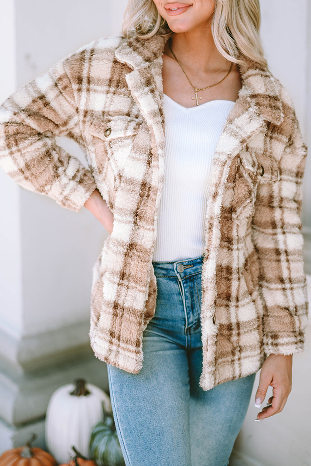 Khaki Sherpa Plaid-jas met knoopsluiting en zakken