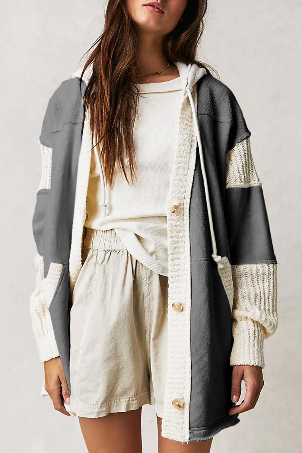 Beige Contrast Knit Patchwork Hooded Functional Coat