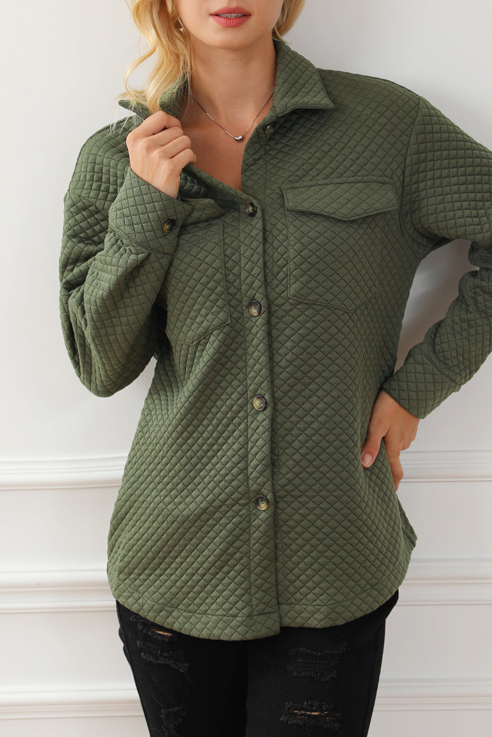 Groene Retro Quilted Flap Pocket Knoop Shacket