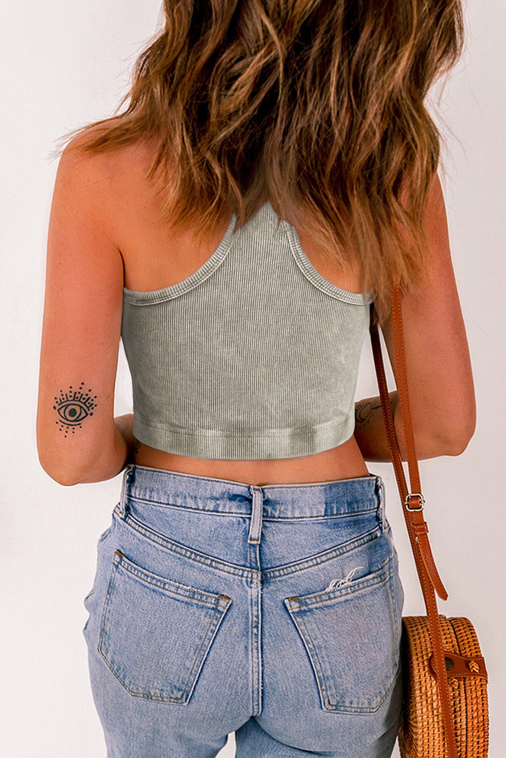 Black Ribbed Mineral Wash Racerback Cropped Tank Top