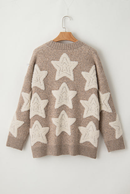 Khaki Sherpa Star Pattern Textured Sweater Cardigan with Pockets