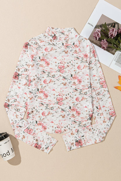 Roze bloemen lange mouwen hoge hals schede mesh blouse